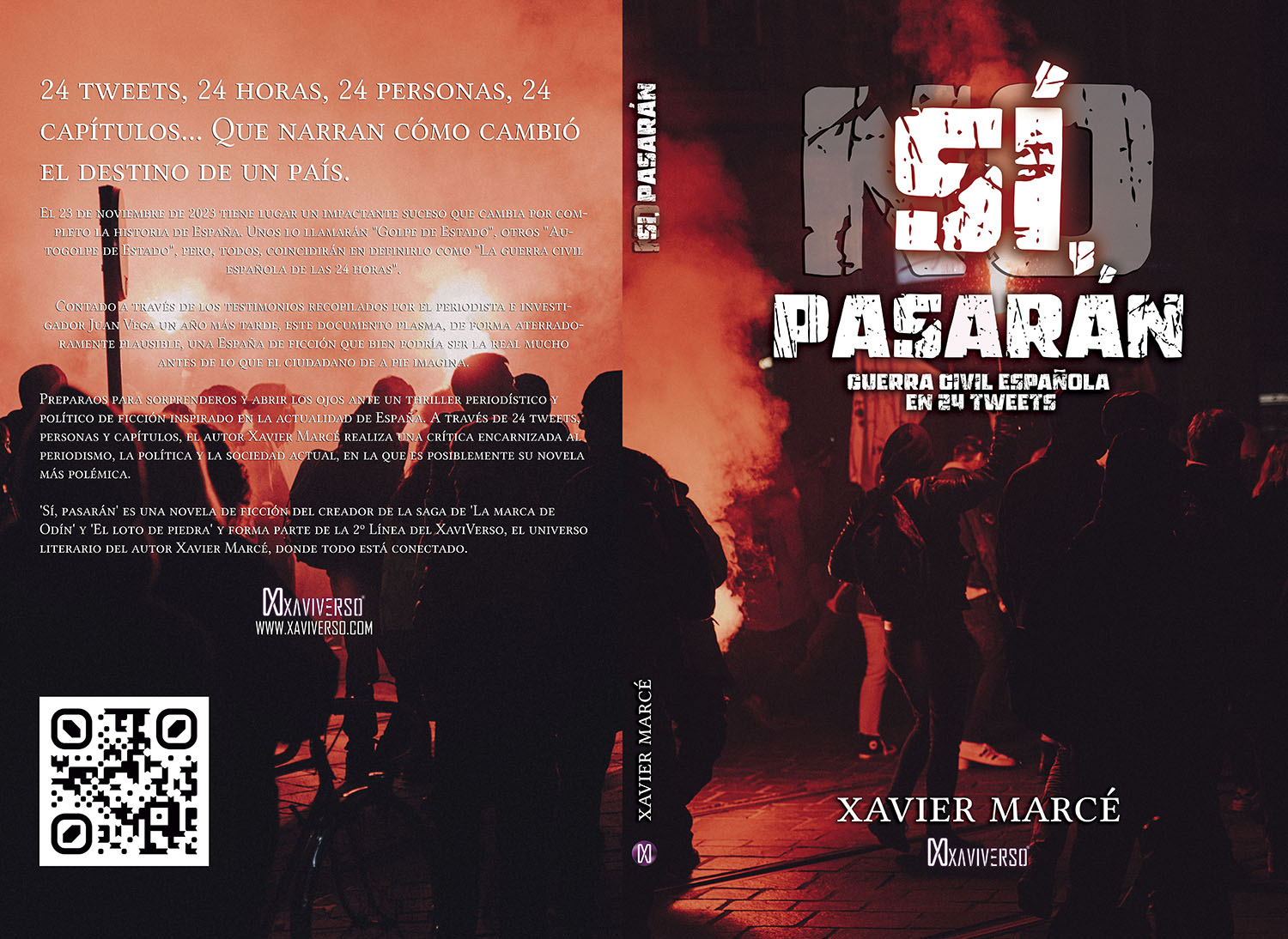 Diseño de cubierta de Sí, pasarán. Guerra Civil española en 24 tweets. Thriller de ficción que mezcla actualidad con política y periodismo.