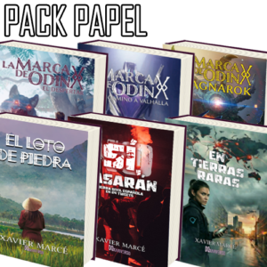 Pack de los 6 libros del XaviVerso compuesto por La marca de Odín: El despertar, El camino a Valhalla, Ragnarok, El loto de piedra y Sí, pasarán. Guerra civil española en 24 tweets y En Tierras Raras