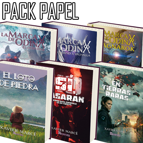 Pack de los 6 libros del XaviVerso compuesto por La marca de Odín: El despertar, El camino a Valhalla, Ragnarok, El loto de piedra y Sí, pasarán. Guerra civil española en 24 tweets y En Tierras Raras