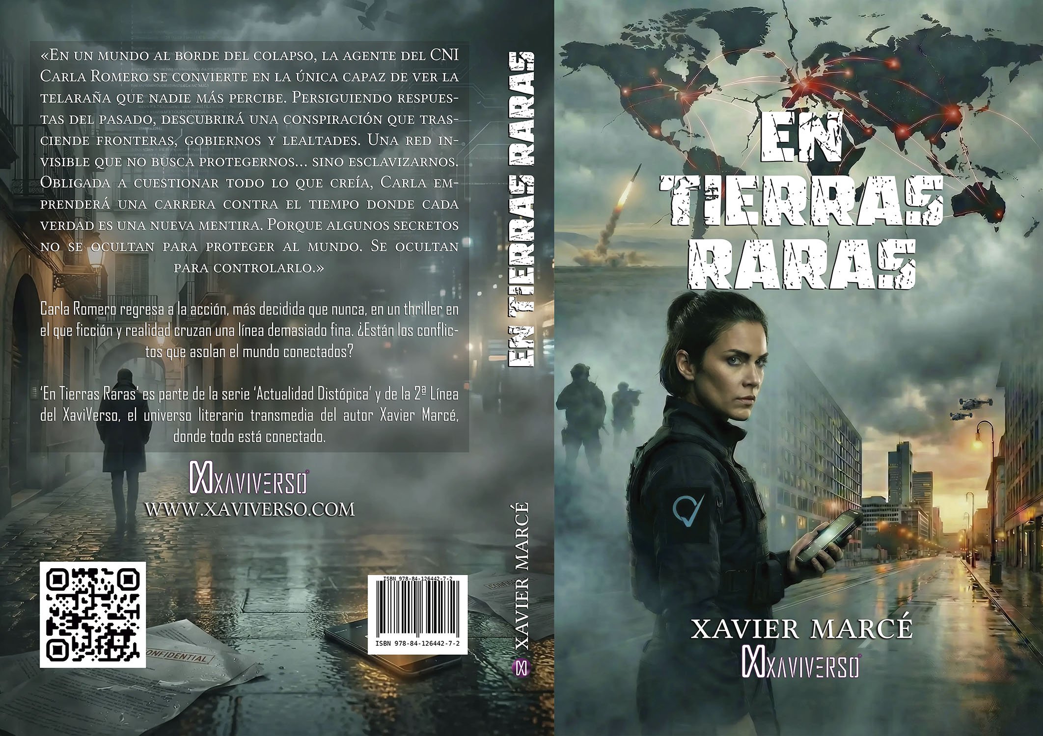 Diseño de cubierta con portada y contraportada de En Tierras Raras, un thriller y libro del escritor Xavier Marcé, que forma parte de la serie 'Actualidad Distópica' de la 2ª línea del XaviVerso.