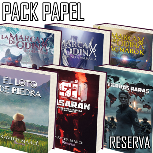 Pack de los 6 libros del XaviVerso compuesto por La marca de Odín: El despertar, El camino a Valhalla, Ragnarok, El loto de piedra y Sí, pasarán. Guerra civil española en 24 tweets y En Tierras Raras