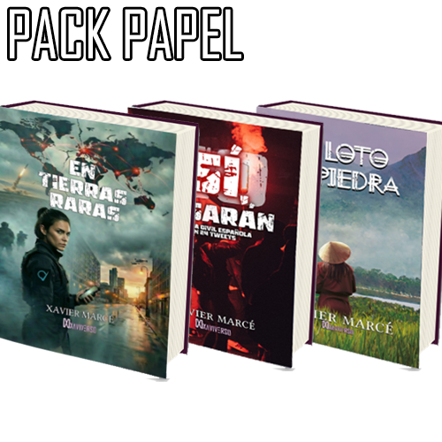 Pack de los libros en papel de En Tierras Raras, El loto de piedra y Sí, pasarán. Guerra civil española en 24 tweets.