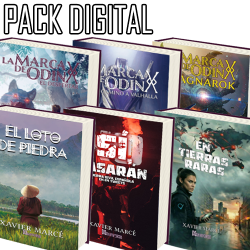 Pack de los 6 libros del XaviVerso compuesto por La marca de Odín: El despertar, El camino a Valhalla, Ragnarok, El loto de piedra y Sí, pasarán. Guerra civil española en 24 tweets y En Tierras Raras
